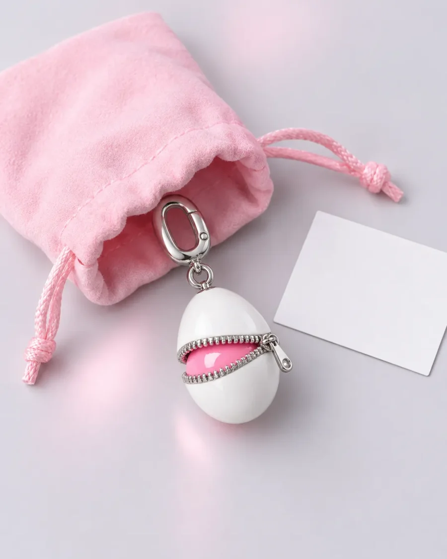 A candy-pink cotton pouch with the Zipped Egg charm