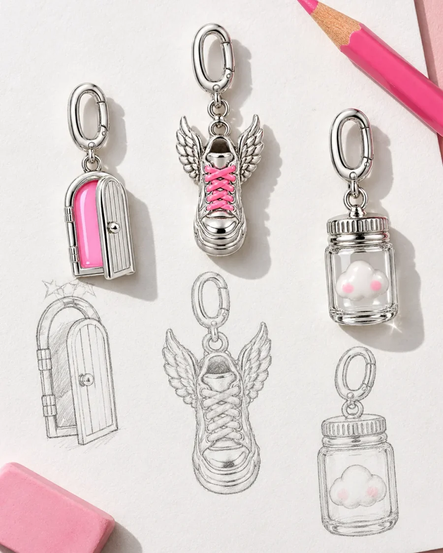 Sketches of a door, a winged shoe and a cloud jar next to the finished charms
