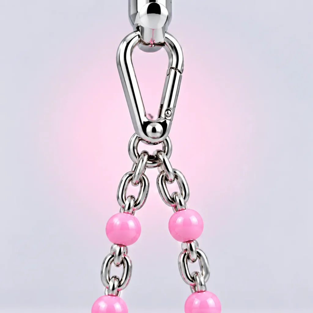 Candy Bead Bag Chain, close-up of the enamel and clasp