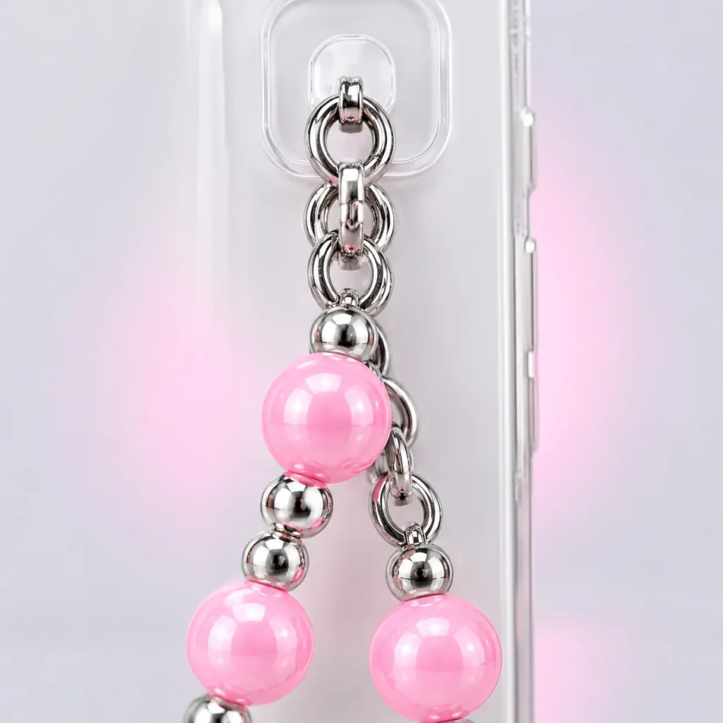 Candy Bead Phone Chain, close-up of the enamel and clasp