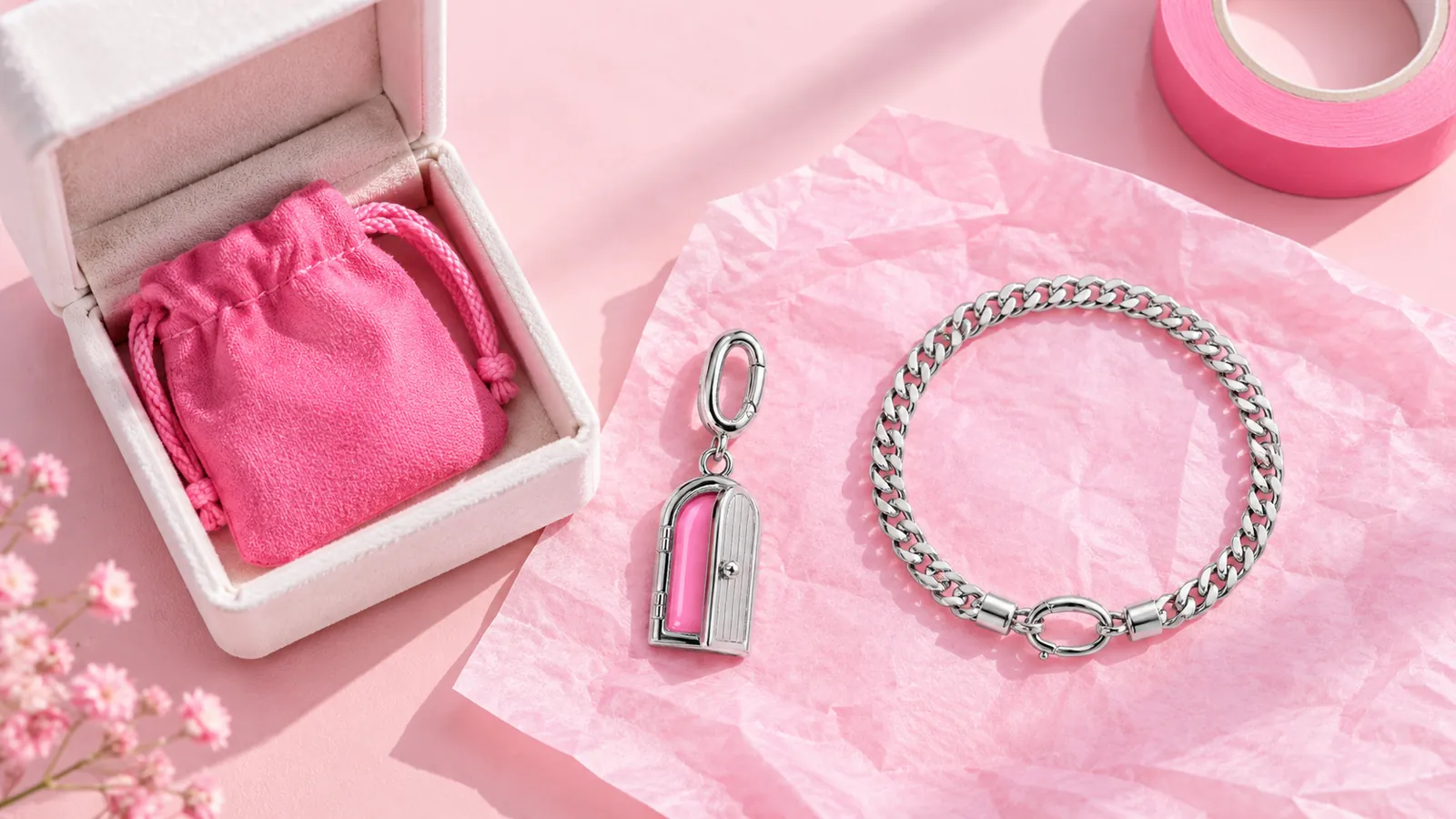 An OAKENVI parcel with a pouch, a charm and a bracelet