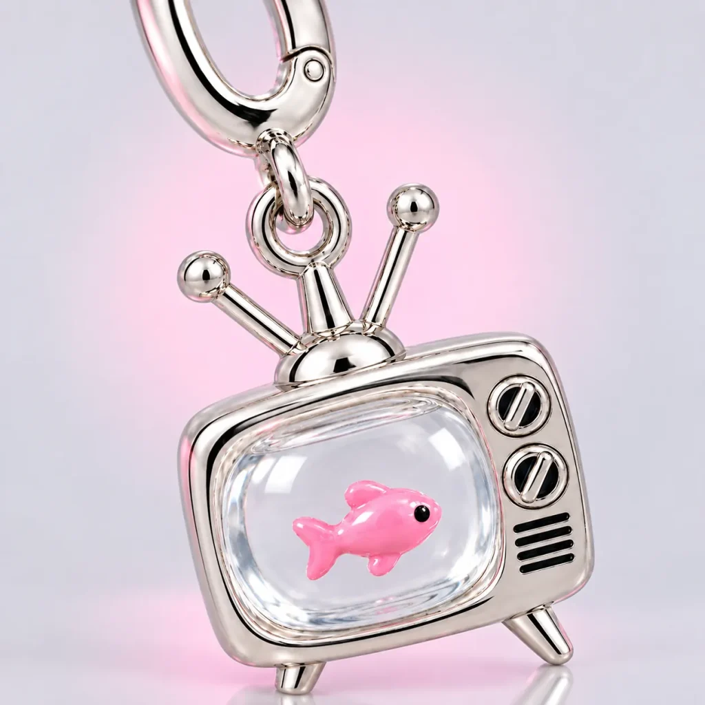 Fishbowl TV Charm, close-up of the enamel and clasp