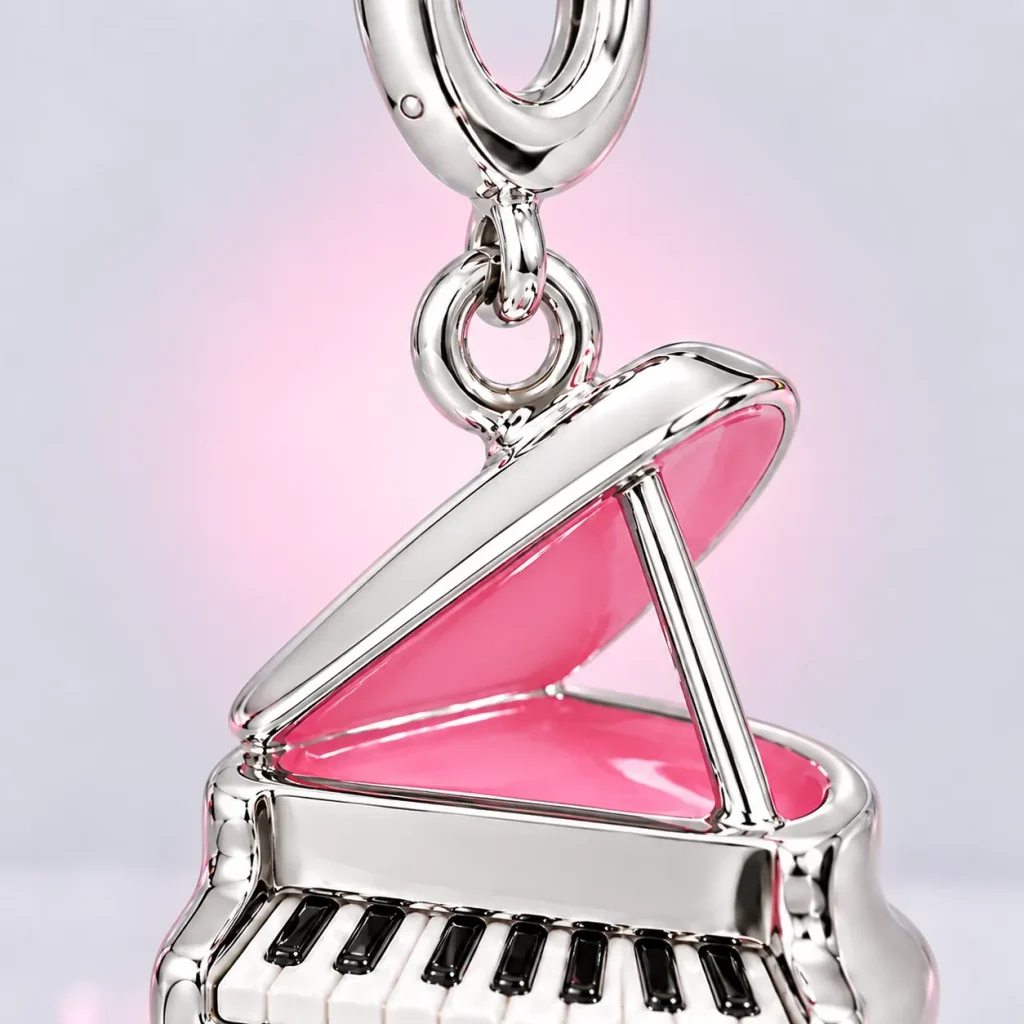 Tiny Grand Piano Charm, close-up of the enamel and clasp