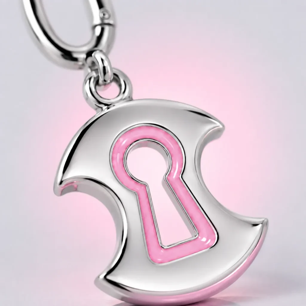 Keyhole Moon Charm, close-up of the enamel and clasp