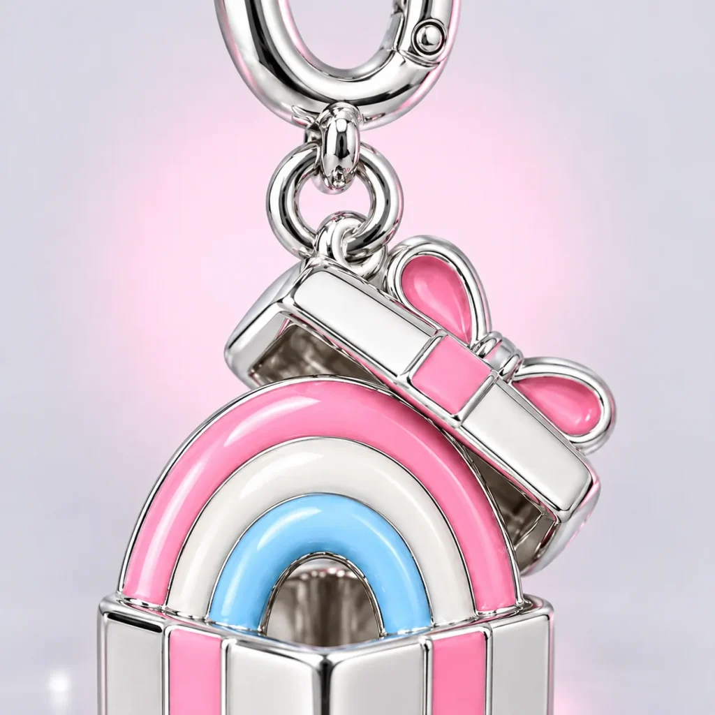 Rainbow in a Box Charm, close-up of the enamel and clasp