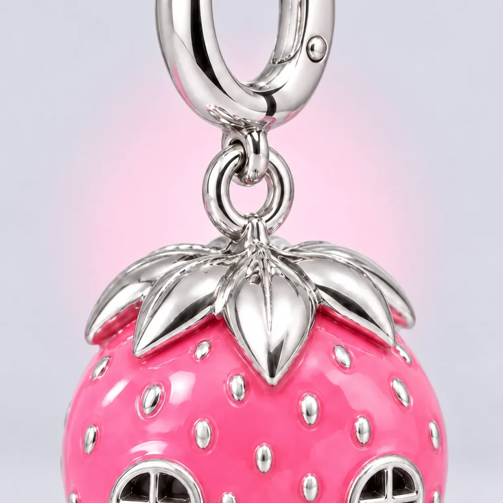 Strawberry House Charm, close-up of the enamel and clasp