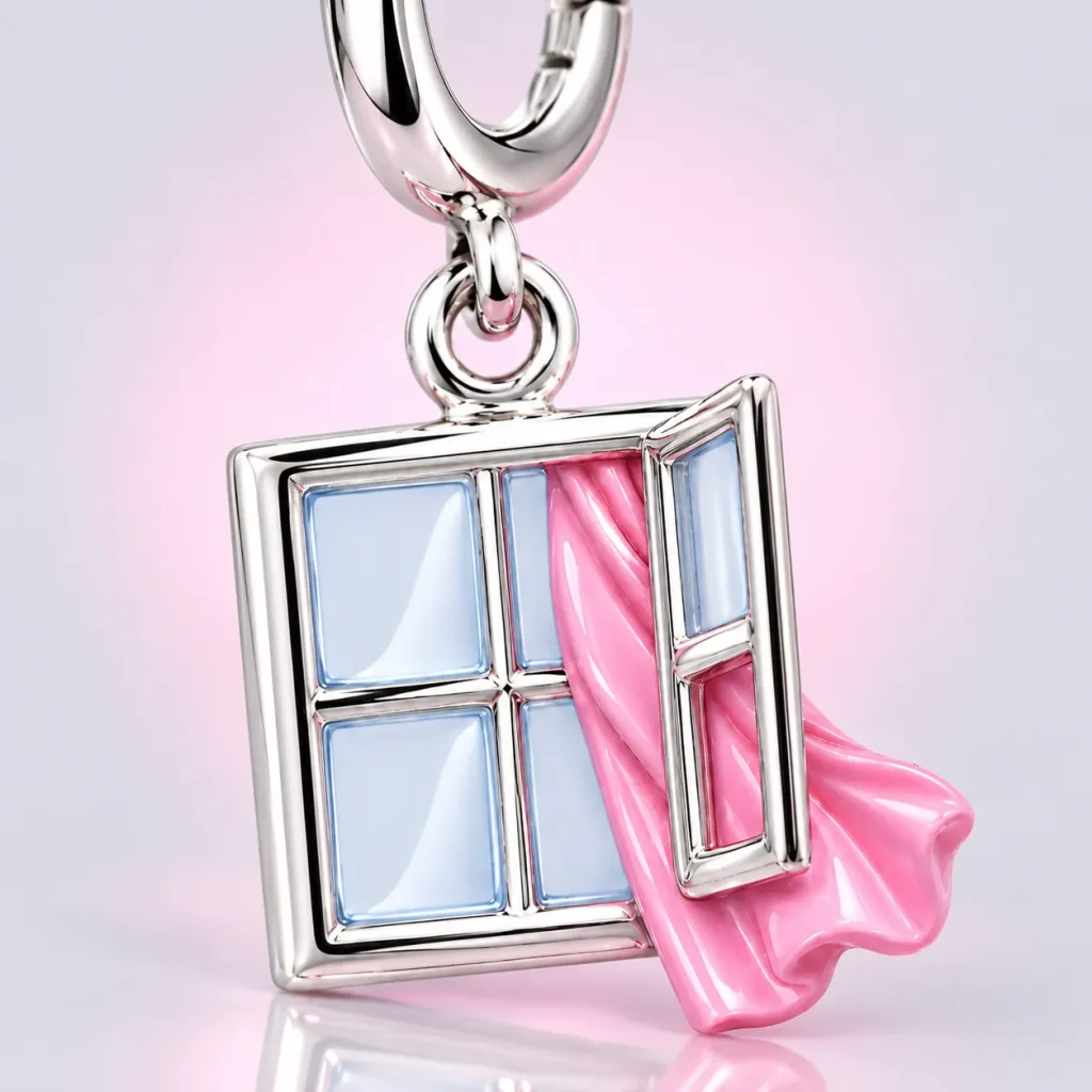 Window with a Breeze Charm, close-up of the enamel and clasp