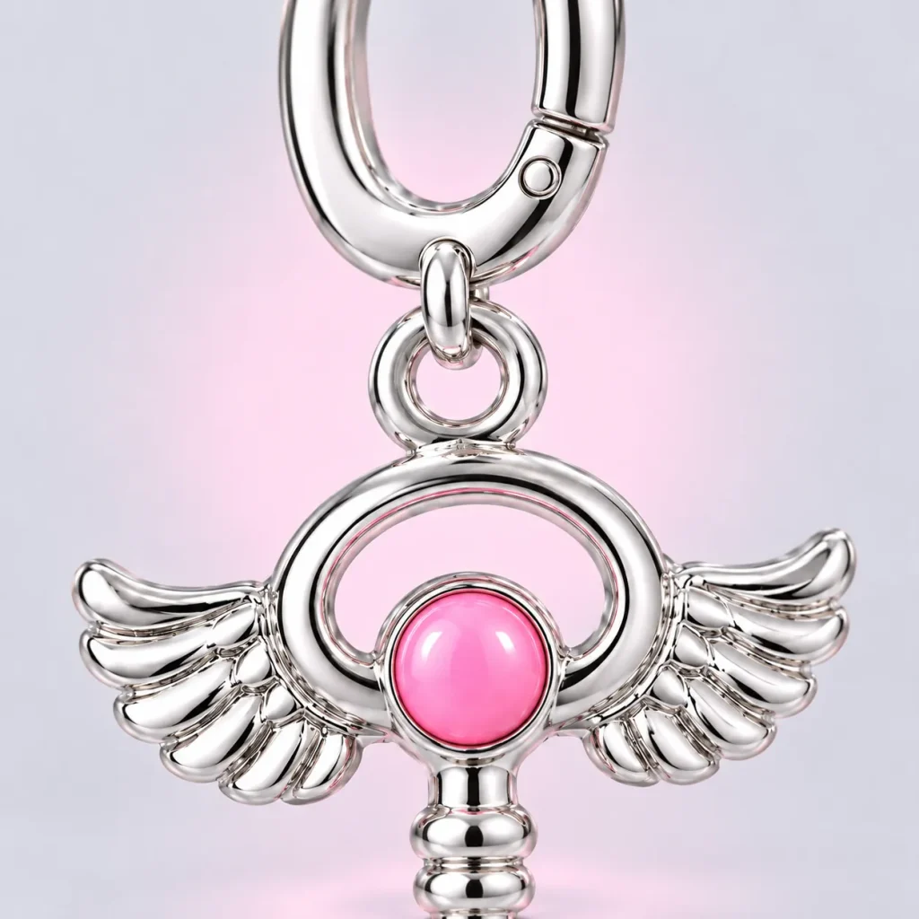 Winged Key Charm, close-up of the enamel and clasp