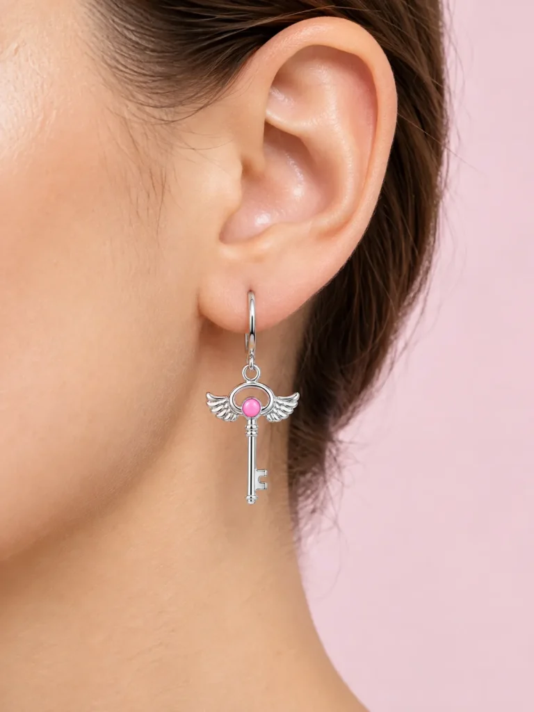 Winged Key Charm, worn