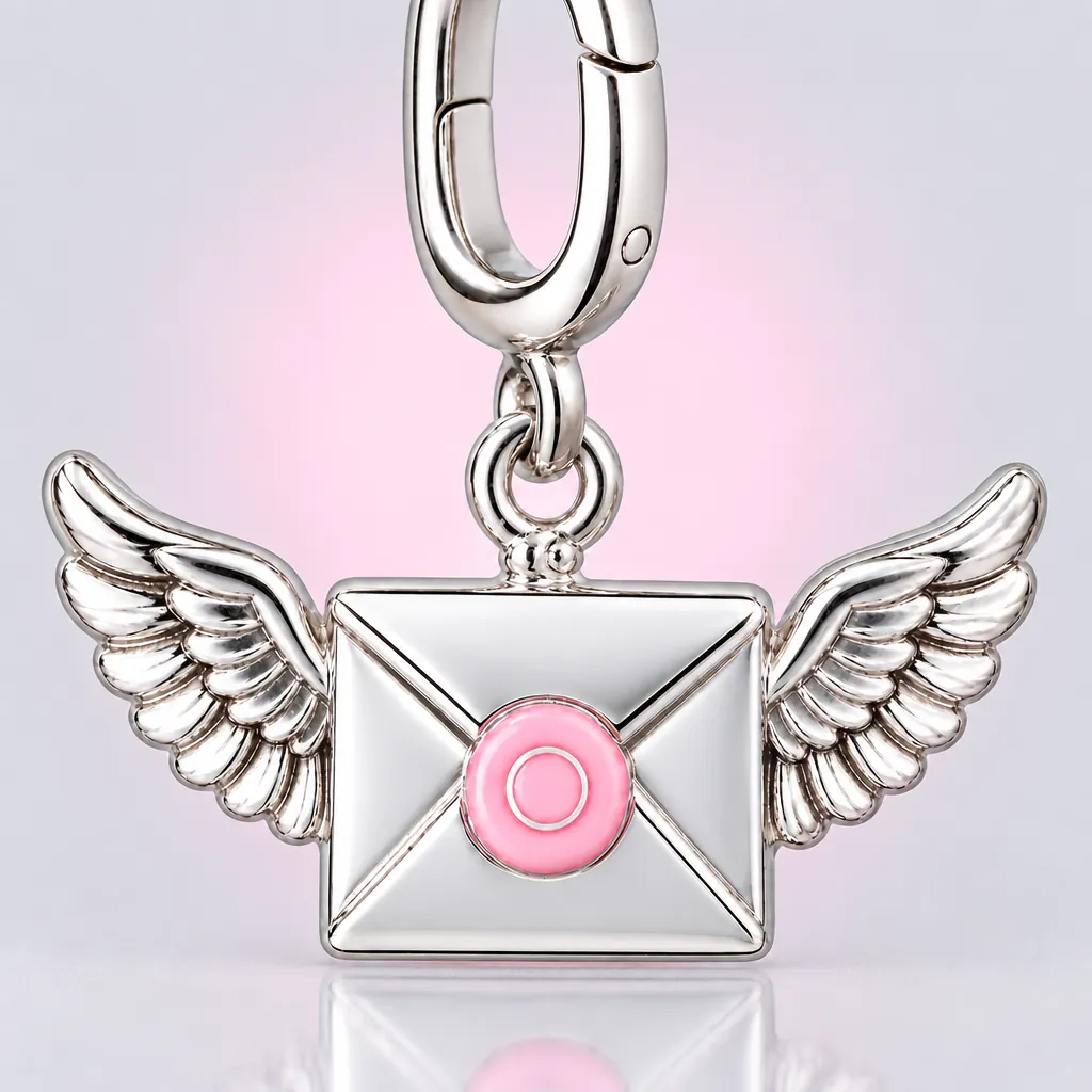 Winged Letter Charm, close-up of the enamel and clasp
