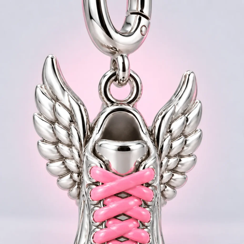 Winged Shoe Charm, close-up of the enamel and clasp