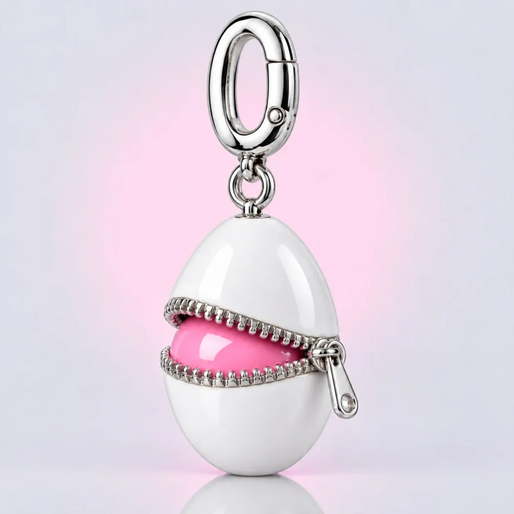 Zipped Egg Charm, three-quarter view
