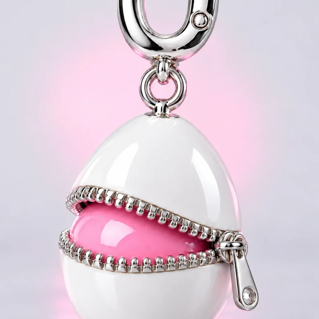 Zipped Egg Charm, close-up of the enamel and clasp